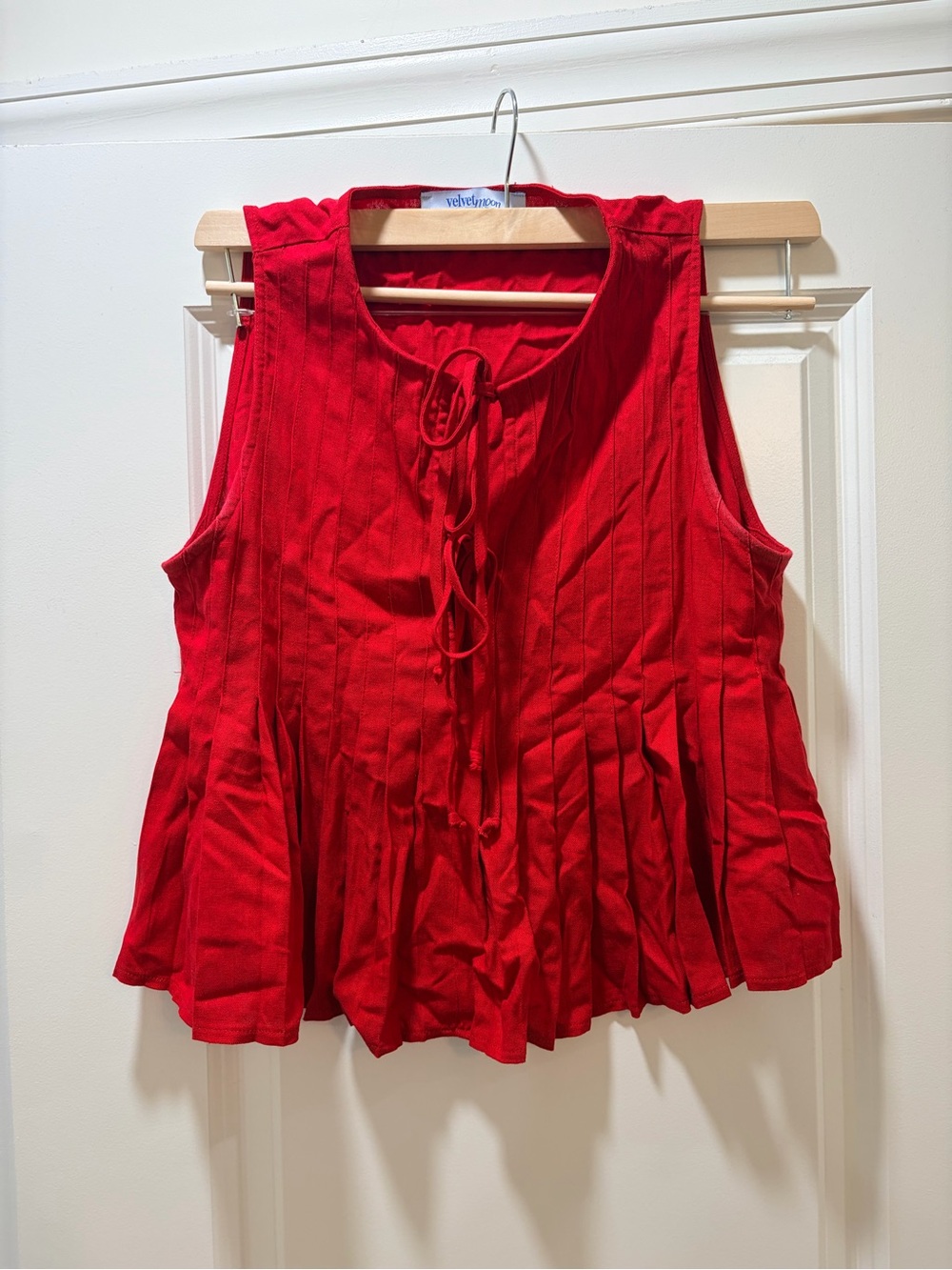 Velvet Moon Red Sleeveless Pleated Tie-Front Top